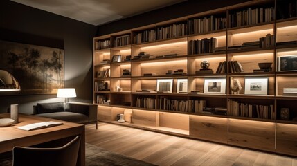 Built-in bookcases with integrated lighting. AI generated - obrazy, fototapety, plakaty