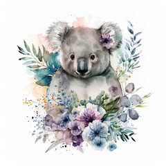 cute animal hiding behind colorful flowers (watercolor, AI generated - FREE copyright)
