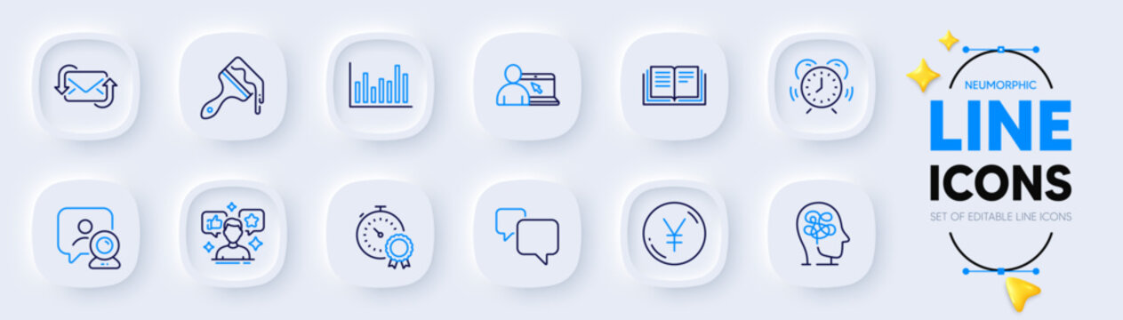 Stress, Bar diagram and Education line icons for web app. Pack of Social media, Best result, Speech bubble pictogram icons. Yen money, Video conference, Online education signs. Vector
