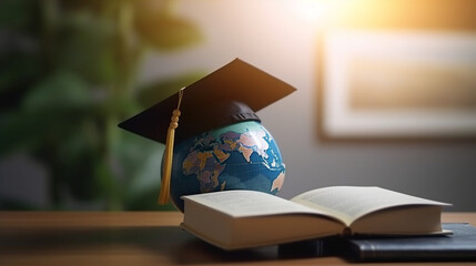 Graduation cap with Earth globe. Concept of global business study, abroad educational, Back to School. Education in Global world, Study abroad business in universities in worldwide.