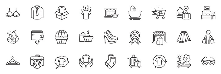 Obraz na płótnie Canvas Icons pack as Discount medal, Wallet and Shoes line icons for app include Baggage cart, Market, Hold t-shirt outline thin icon web set. Cloakroom, Buyer, Shirt pictogram. Marketplace. Vector