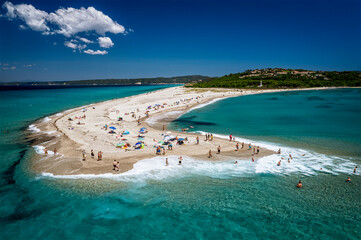 Drone (aerial) view of beautiful beach on Possidi Cape on Kassandra peninsula, Halkidiki (Chalkidiki), Greece © Daniel Turbasa