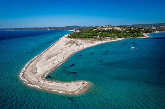 Drone (aerial) view of beautiful beach on Possidi Cape on Kassandra peninsula, Halkidiki (Chalkidiki), Greece