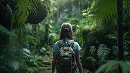 Fototapeta na wymiar hiking woman in tropical jungle backpacker. Generative Ai