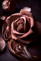Chocolate color rose closeup lying on the liquid chicilate. AI generated