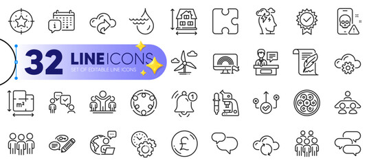 Outline set of Hydroelectricity, Star target and Exhibitors line icons for web with Outsource work, Calendar, Interview job thin icon. Chat message, Lgbt, Microscope pictogram icon. Vector