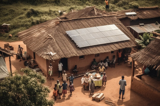 Above view of african village with house solar panels on roof and crowd of people. Generative AI.