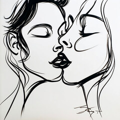 Fine line art women kissing