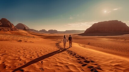 Couple walking in a desert at sunset. Mountains landscape