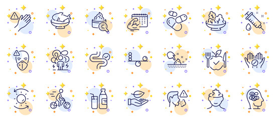 Outline set of Leaf, Cyclist and Difficult stress line icons for web app. Include Dont touch, Skin moisture, Vegetarian food pictogram icons. Digestion, Milk, Cough signs. Medical tablet. Vector