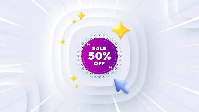 Sale 50 percent off banner. Neumorphic offer 3d banner, poster. Discount sticker shape. Coupon bubble icon. Sale 50 percent promo event background. Sunburst banner, flyer or coupon. Vector