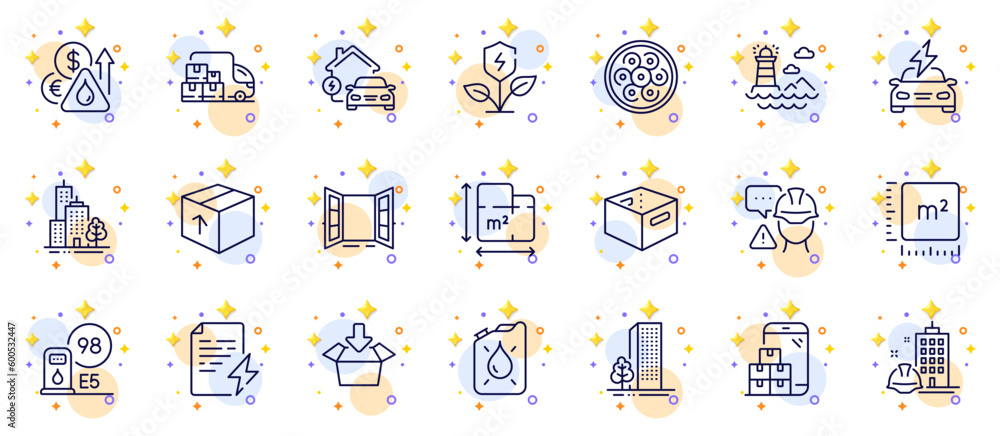 Poster outline set of open door, power certificate and mobile inventory line icons for web app. include flo