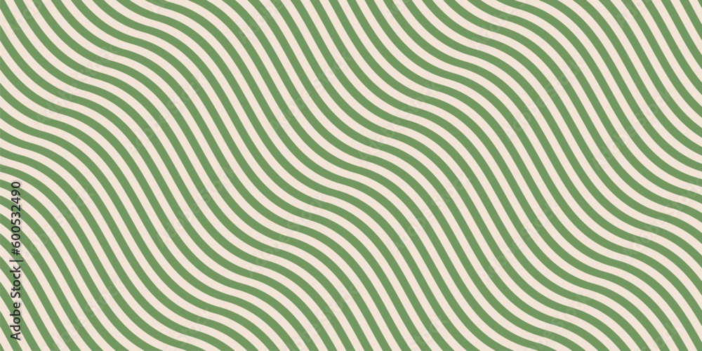 Wall mural simple green curvy wavy lines pattern. vector seamless texture with diagonal waves, stripes. retro v