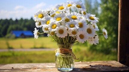 Daisy flowers in the glass vase on the wooden table outdoors nature