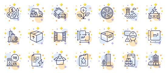 Outline set of Open door, Power certificate and Mobile inventory line icons for web app. Include Floor plan, Office box, Skyscraper buildings pictogram icons. Eco power, Square meter. Vector