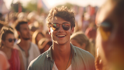 People on music festival in the summer, back view, big group at party with dj, summer nightlife, disco club outside, fun youth, entertainment festive concept, Female back view