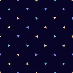 Vector minimalist geometric texture with small scattered colourful triangles on black backdrop. Funky seamless pattern. Abstract simple cute minimal background. Repeat funny design for kids, babies