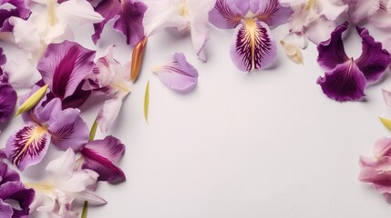 lilac and orchid flowers border decor banner with free copy space on white background