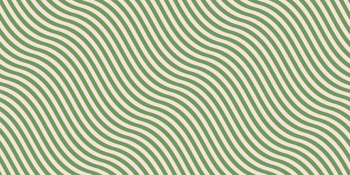 Simple green curvy wavy lines pattern. Vector seamless texture with diagonal waves, stripes. Retro vintage style abstract minimal background, optical illusion effect. Simple modern repeat geo design