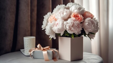 on the table is a box with a gift and flowers in a vase 