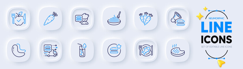 Seafood, Carrots and Chef line icons for web app. Pack of Grilled steak, Vegetarian food, Best food pictogram icons. Pasta dish, Water glass, Carrot signs. Cashew nut, Burger. Vegetables. Vector