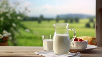 jug with milk with fresh fruits on kitchen table 