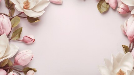 magnolia branches on a plain pink, white, gray background. copy space for text. . Generative AI