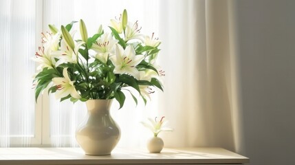 vase with lily flowers with green sprigs on a wooden tabl