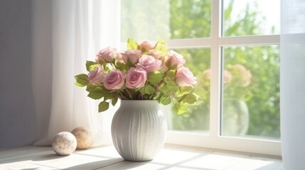 vase with flowers roses on a wooden white table, on the background of the window. Generative AI
