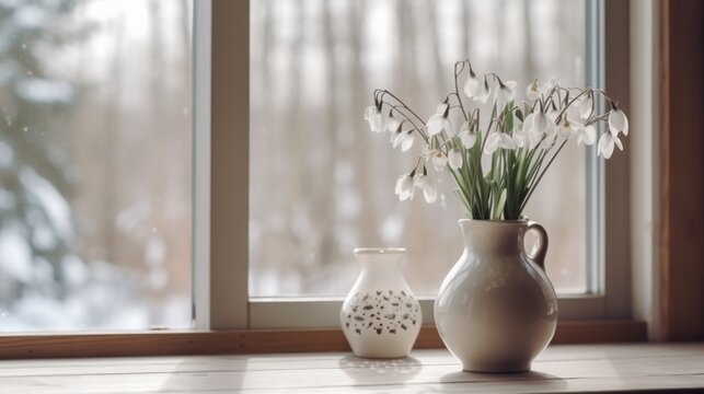 a vase with flowers snowdrops on a wooden table 