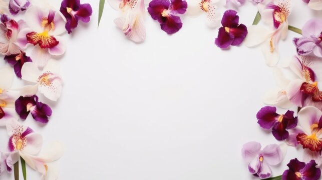 iris banner background with orchid and decor around the edges