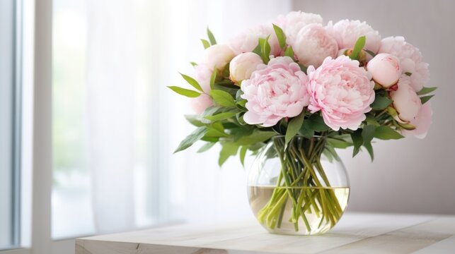 a bouquet of peony roses in a glass vase on a white woode