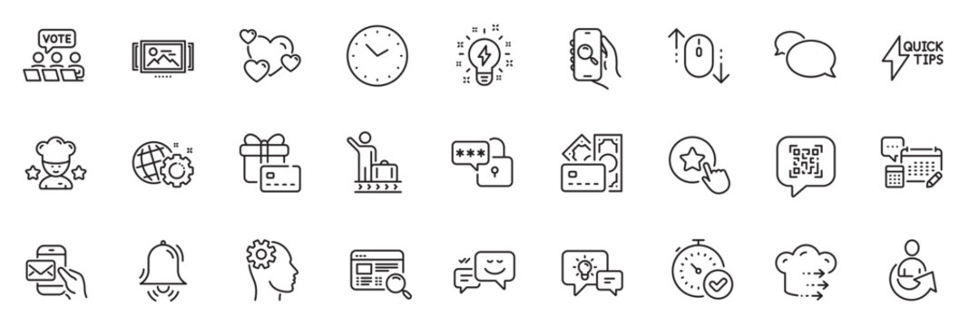 Icons pack as Time, Account and Messenger line icons for app include Best chef, Idea lamp, Money outline thin icon web set. Online voting, Clock bell, Scroll down pictogram. Time outline sign. Vector