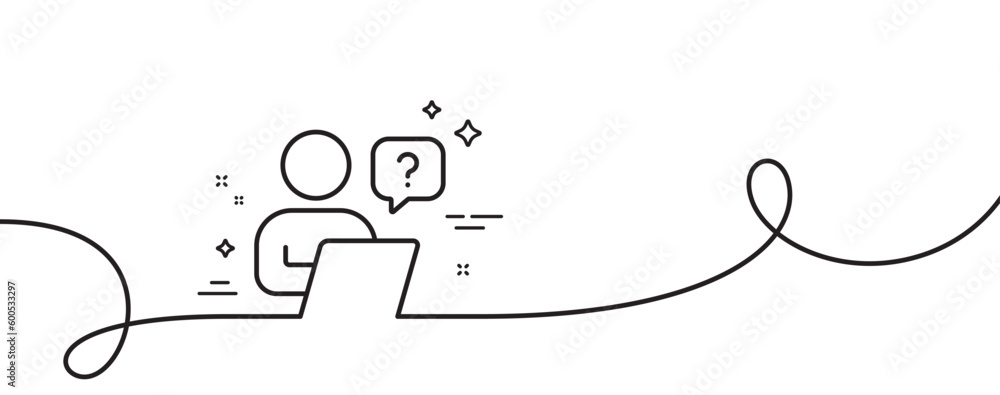 Poster online question line icon. continuous one line with curl. ask help sign. outsource support symbol. o