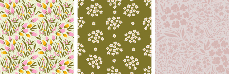 bright flowers scattered randomly. collection of hand drawn seamless patterns. eco background with small flowers and buds. set of endless luxury patterns.