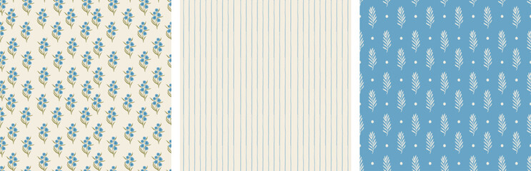 exquisite floral decor in blue tones. blue flowers, stripes and twigs hand drawn seamless pattern. patterns for a cozy kitchen.
