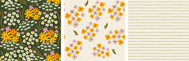 endless flowering meadow. summer background with flowers. a selection of endless patterns for fabric and wallpaper. marigolds, white flowers and leaves.