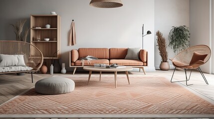 Intricate geometric patterned rug in the center. AI generated