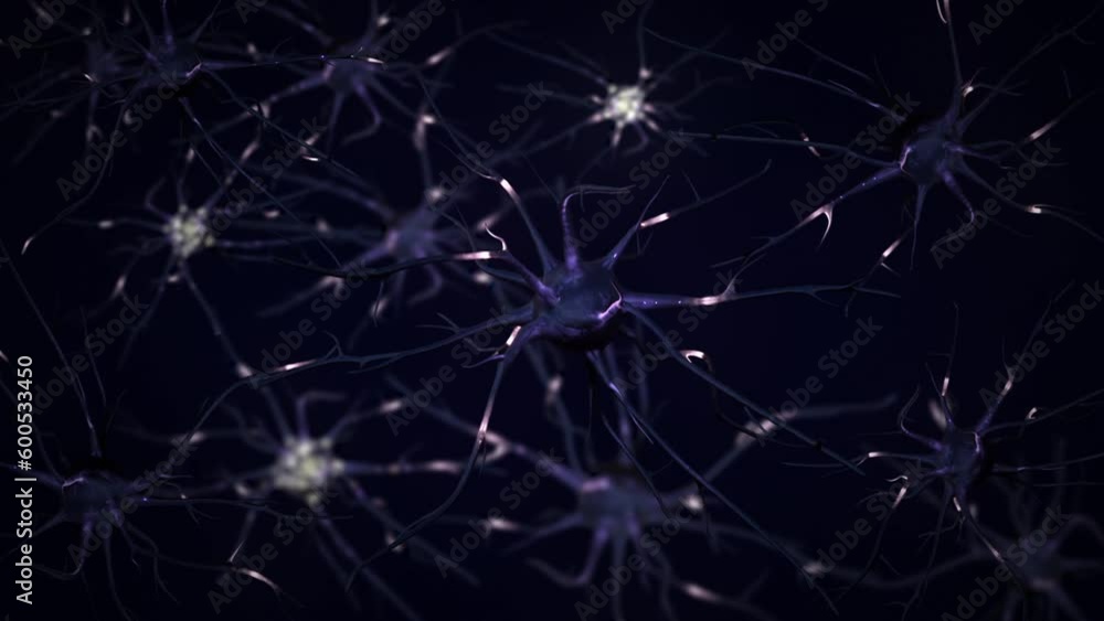 Poster neuronal and synapse activity animation. electrical impulses inside the human brain. blue.