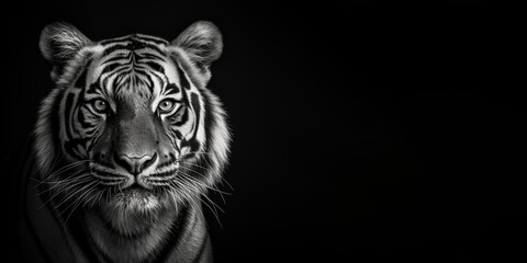 Fototapeta premium Black and white photorealistic studio portrait of a Tiger on black background. Generative AI illustration