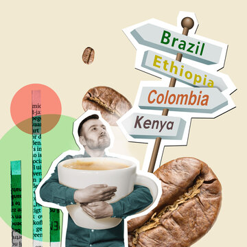A man with a huge cup of delicious coffee. Art collage.