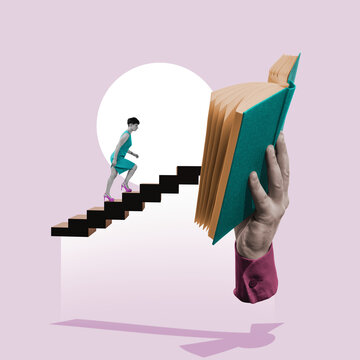 The woman climbs the stairs to the open book. Art collage.
