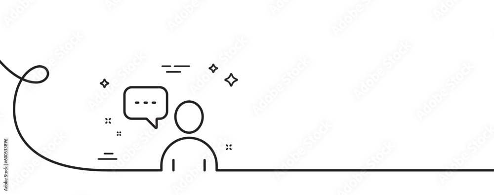 Poster user communication line icon. continuous one line with curl. person with chat speech bubble sign. hu