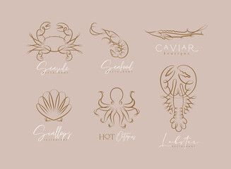 Filigree swirl sea and ocean creatures crab, shrimp, sturgeon, shell, octopus, lobster labels with lettering drawing on brown background