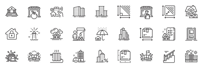 Icons pack as Painter, Stairs and Market line icons for app include Hotel, Arena, Building outline thin icon web set. Distribution, Square area, Court building pictogram. Box size, Lock. Vector