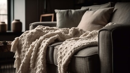 Luxurious and cozy throw blanket on the couch. AI generated