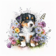 dog and flowers(watercolor, AI generated - FREE copyright) - obrazy, fototapety, plakaty
