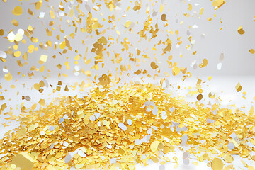 Golden Tiny Confetti And Streamer Ribbon Falling On White Background. Illustration. Happy Birthday. Generative AI