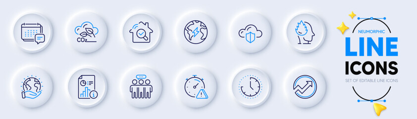 Electricity, Co2 gas and Cloud protection line icons for web app. Pack of Time, Message, Report pictogram icons. Save planet, Audit, Stress signs. Attention, Employees group, Inspect. Vector