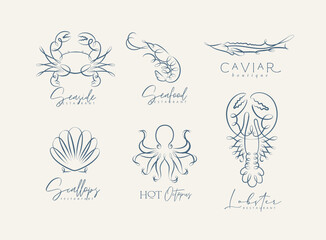 Filigree swirl sea and ocean creatures crab, shrimp, sturgeon, shell, octopus, lobster labels with lettering drawing on grey background